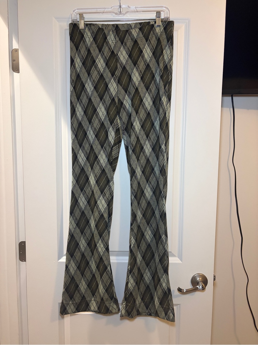 Free People | Olive & Brown Plaid Chloe Flare Leg Knit Pants NWT - Picture 2 of 9